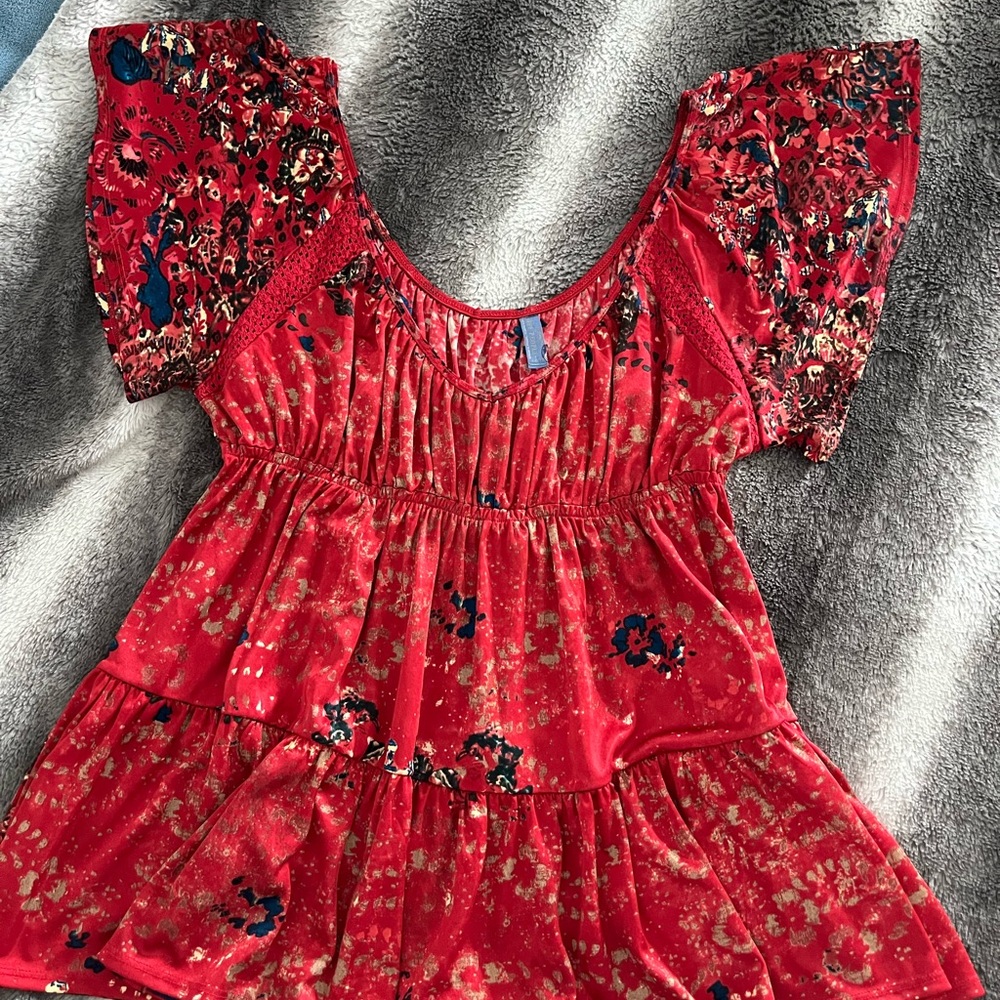 Free People Red Pattern Flowy Top